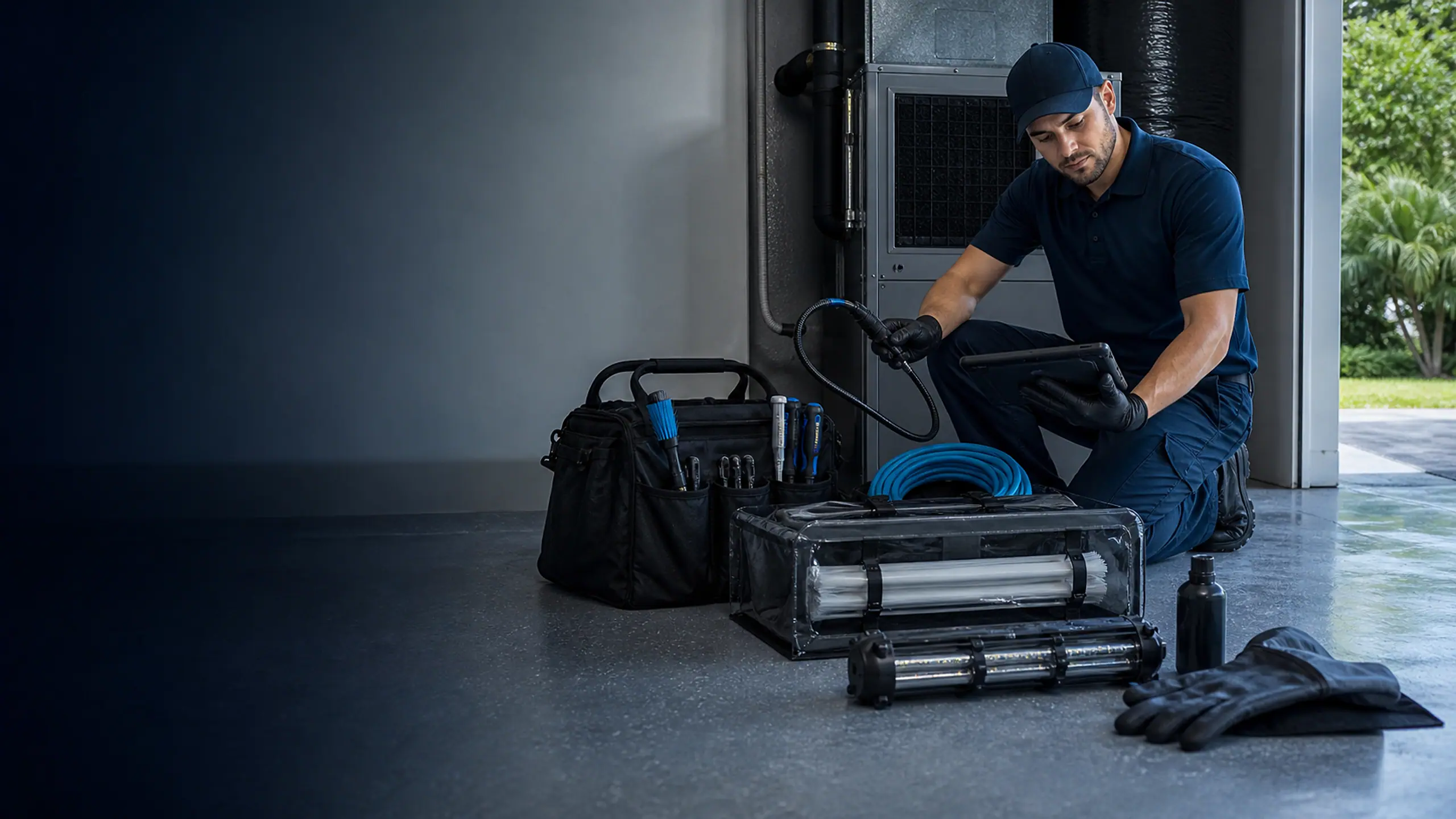 Conceptual image of a technician preparing inspection and HVAC hygiene equipment for a service visit