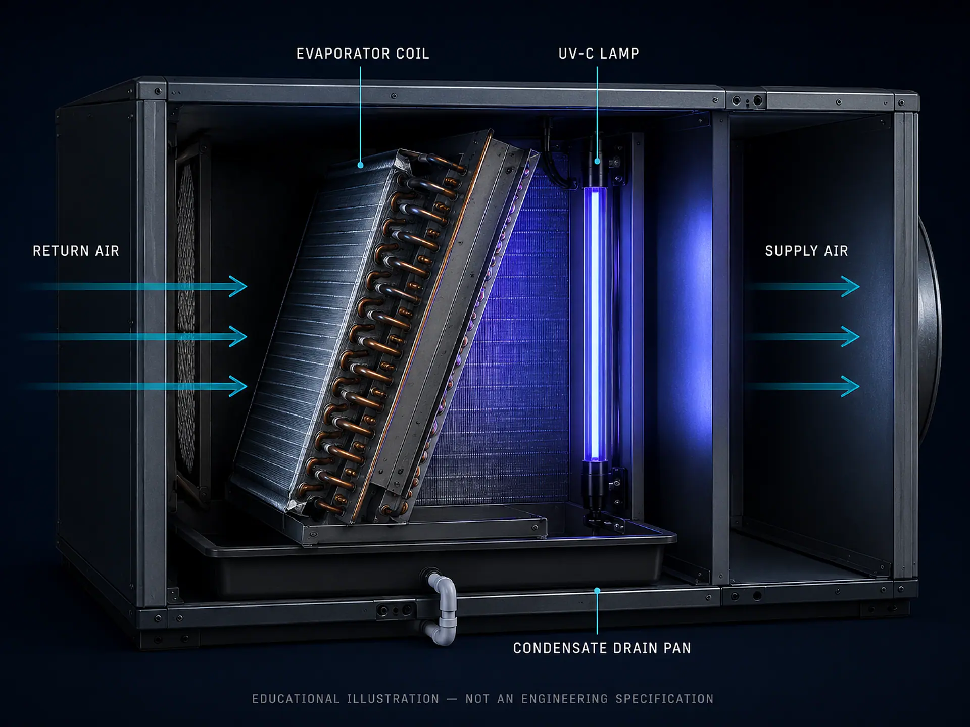 Educational illustration of airflow through an air handler, with the evaporator coil, a UV-C lamp and the condensate drain pan labelled